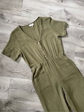 Ivy Olive Green Cotton Gauze Button Front Wide Leg Jumpsuit XS